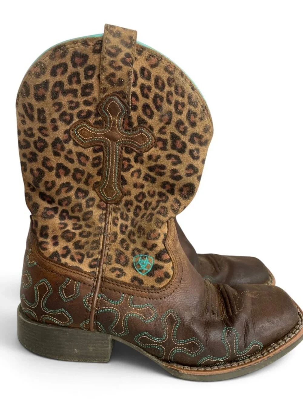 Ariat Crossroads Leopard Cross Leather Western Square Toe Boots Girls Kids 1
